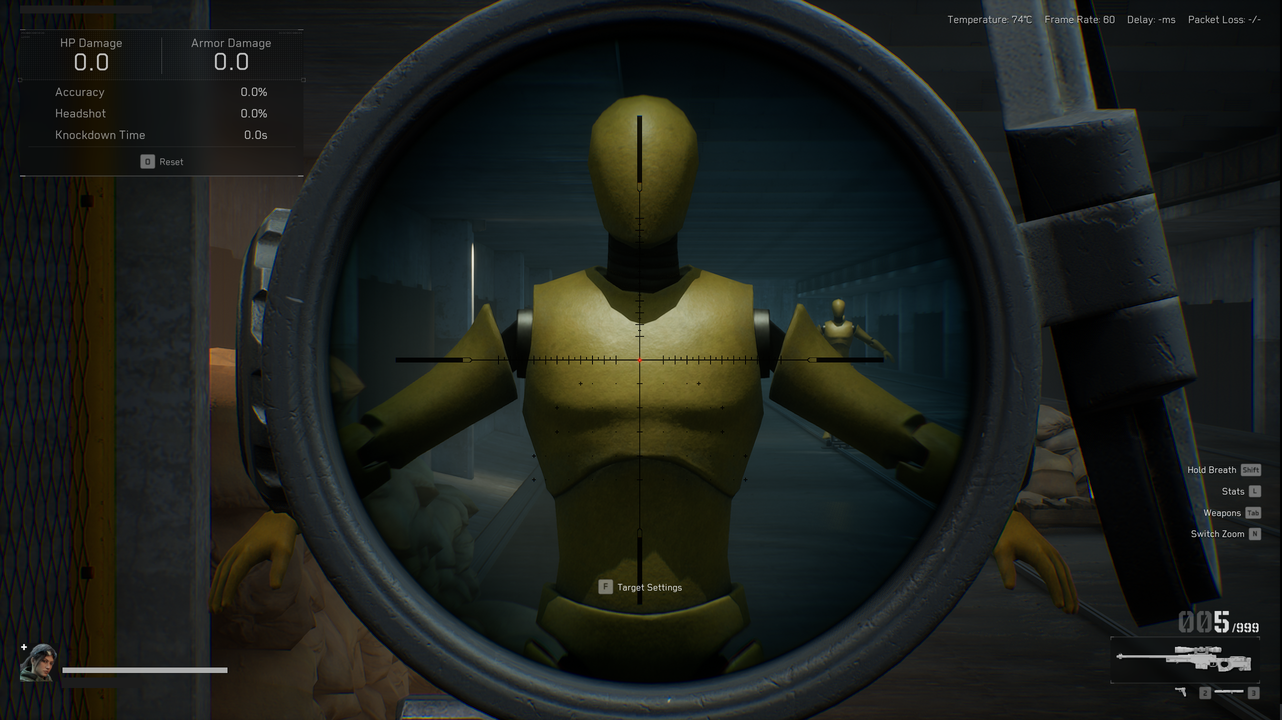 Scoped view of a training dummy in a shooting range, showcasing the impact of pupillary distance adjustments on field of view and reticle alignment, image appearing zoomed in.