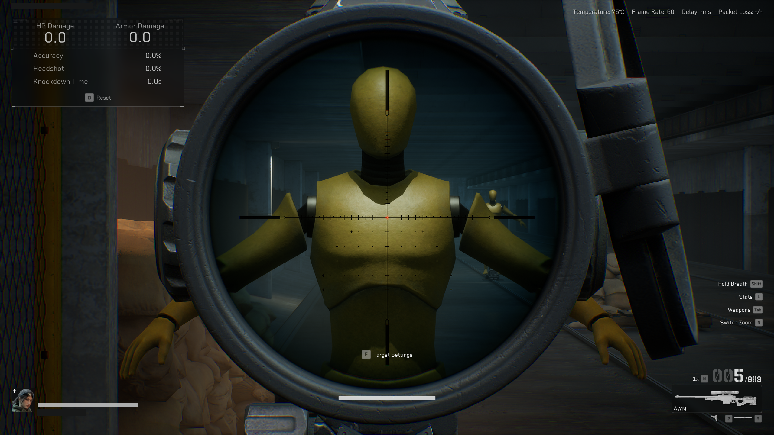 Scoped view of a training dummy in a shooting range, showcasing the impact of pupillary distance adjustments on field of view and reticle alignment, image appearing zoomed out.